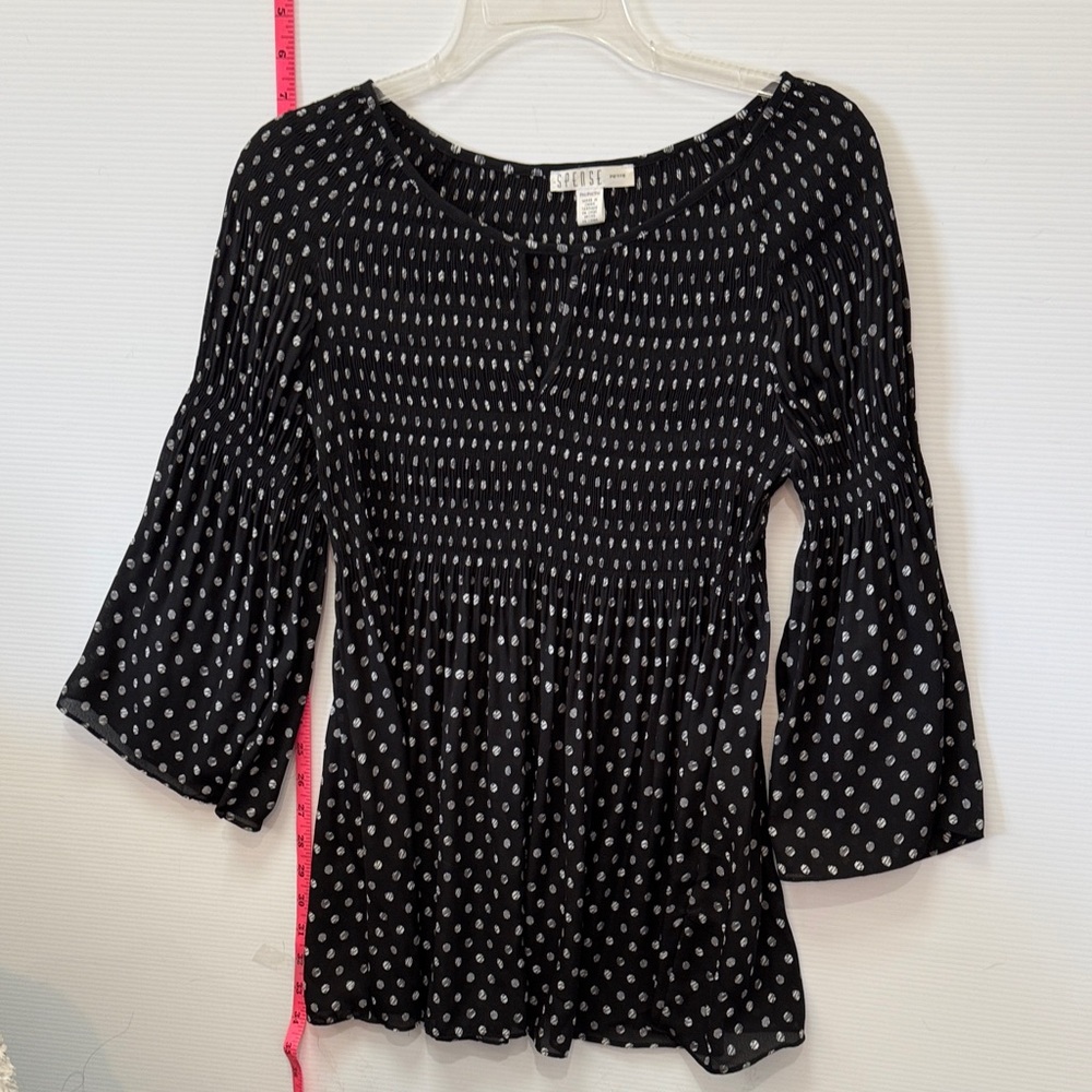 Spense Black Smocked Blouse with White Dot Pattern